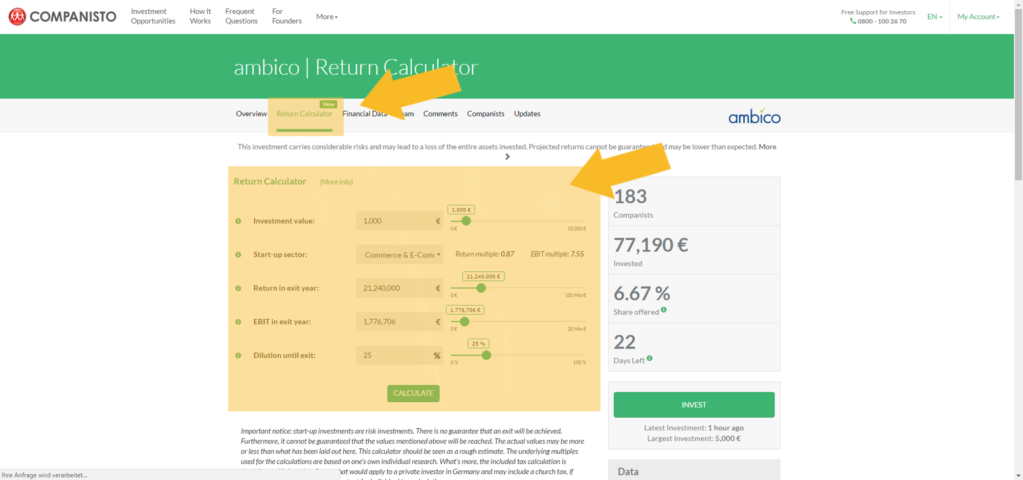 Companisto Screenshot Return Calculator Companisto Screenshot Return Calculator