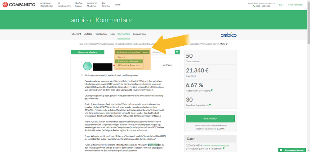 Companisto Screenshot Sortierfunktion Companisto Screenshot Sortierfunktion
